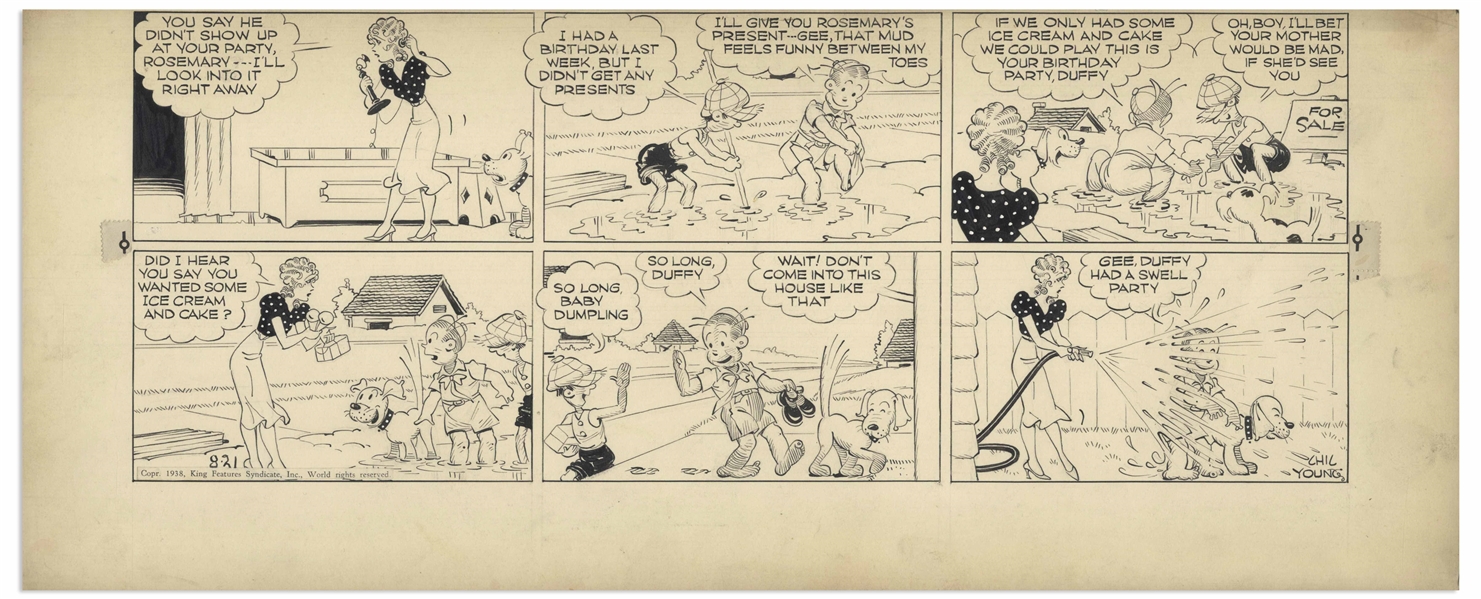 Chic Young Hand-Drawn ''Blondie'' Sunday Comic Strip From 1938 -- Baby Dumpling Plays Hooky From a Birthday Party to Spend Time With Another Friend